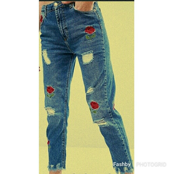 jeans with rose embroidery